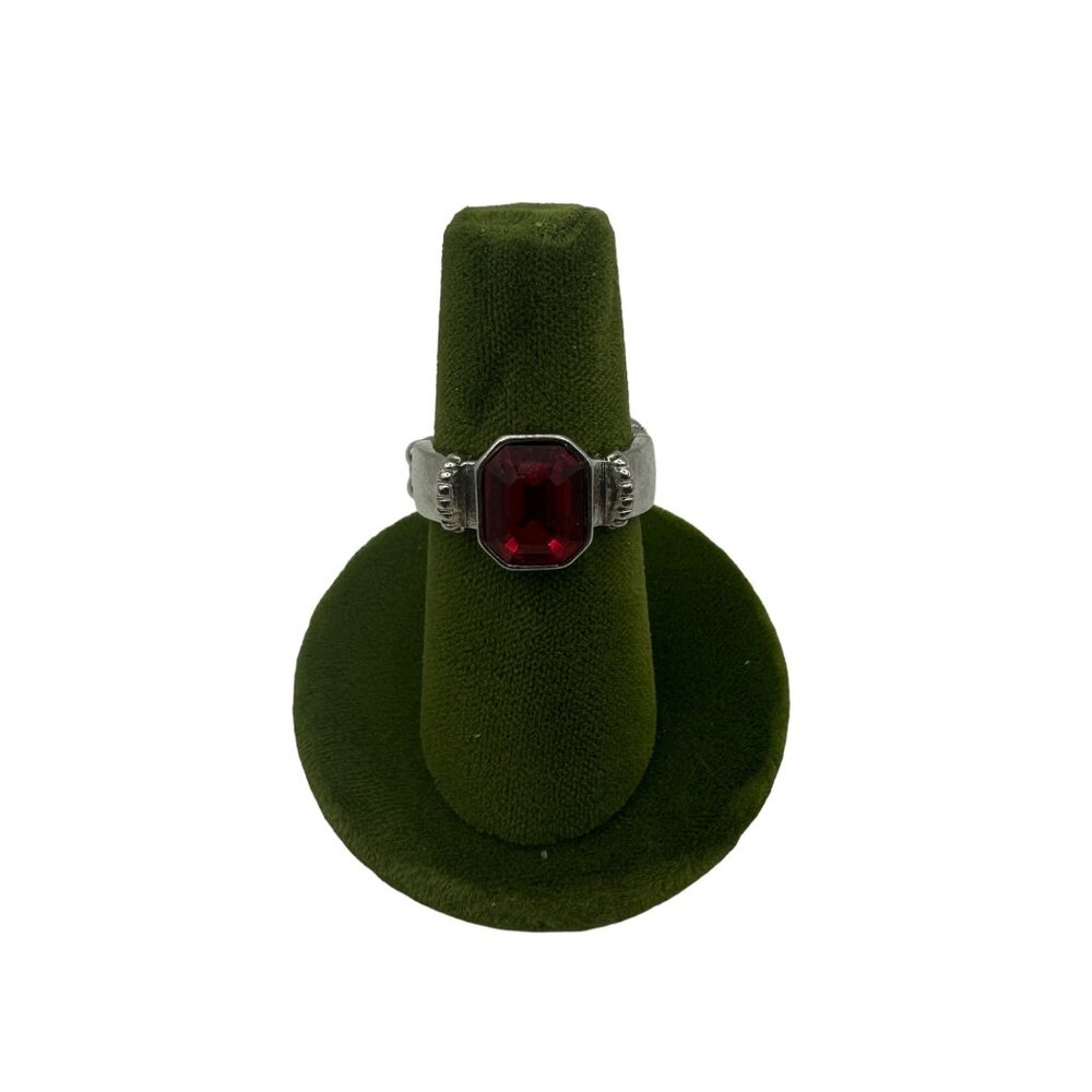 Vintage Silver-Plated Adjustable Ring With Ruby Red Gemstone